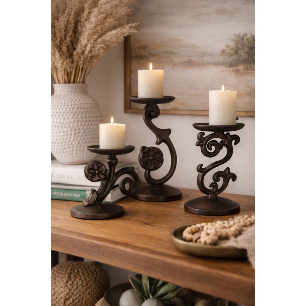 VTG Rustic Iron Candle Holders Daisy Filigree Candle Stand Scrollwork Set of 3